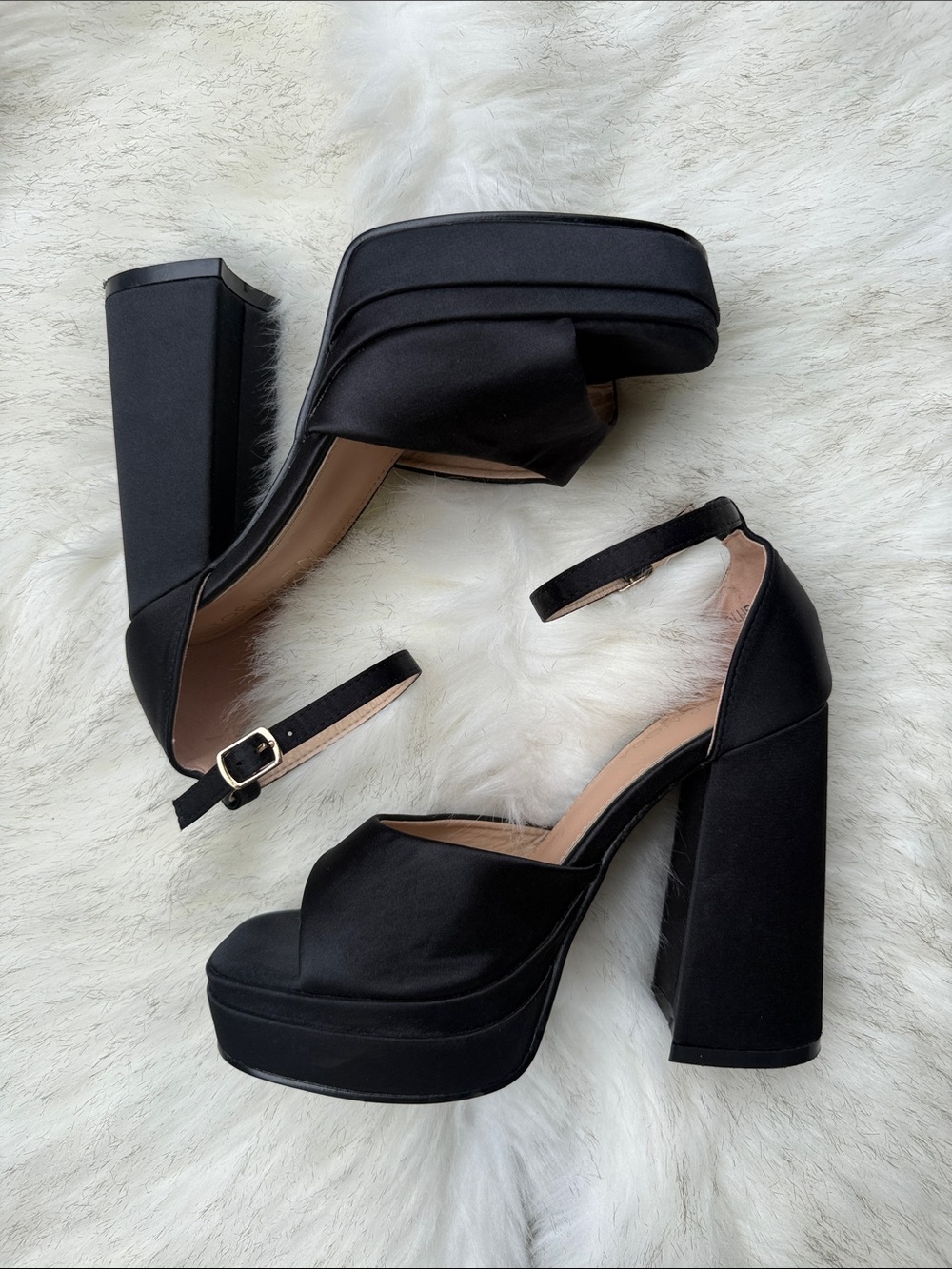 TOP Moda Black Satin Platform Block Heel Sandals with Ankle Strap